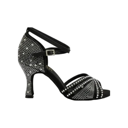 Scarpa da ballo donna LULY Dreams Black in raso nero con cinturino incrociato, strass boreali e tacco a rocchetto.