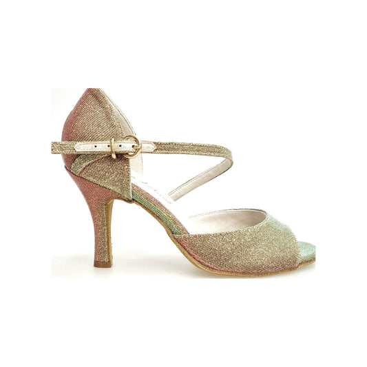 Sandalo donna Wish Dance Luna N/Oro F.533 in tessuto multicolor con tacco rivestito in oro, dettaglio elegante e raffinato