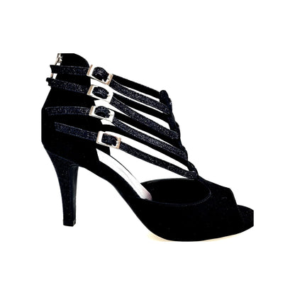 Scarpa donna Wish Dance Shop Lussuria (779) in camoscio nero con tacco basso, glitter nero e sottopiede in camoscio.