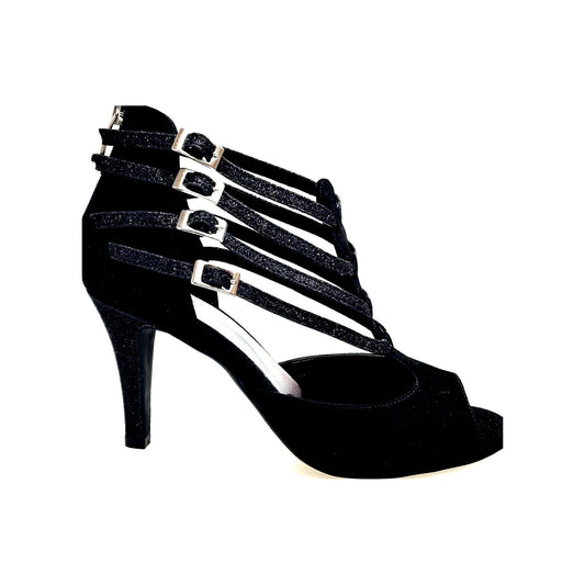 Scarpa donna Wish Dance Shop Lussuria (779) in camoscio nero con tacco basso, glitter nero e sottopiede in camoscio.