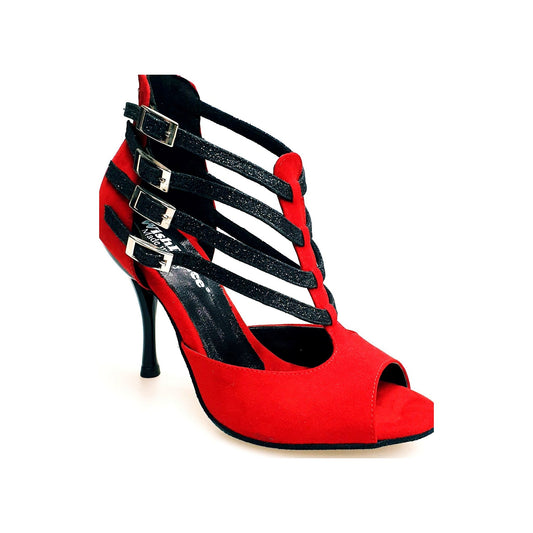 Scarpa da donna Lussuria Wish Dance Shop in camoscio rosso con cinturini glitter nero, tacco spillo smaltato nero.