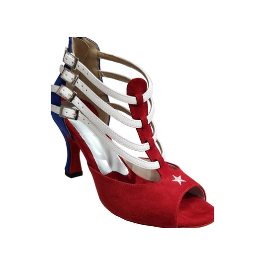 Scarpa da donna in camoscio rosso e blu con pelle bianca e stella bandiera cubana, tacco a rocchetto, Wish Dance Shop