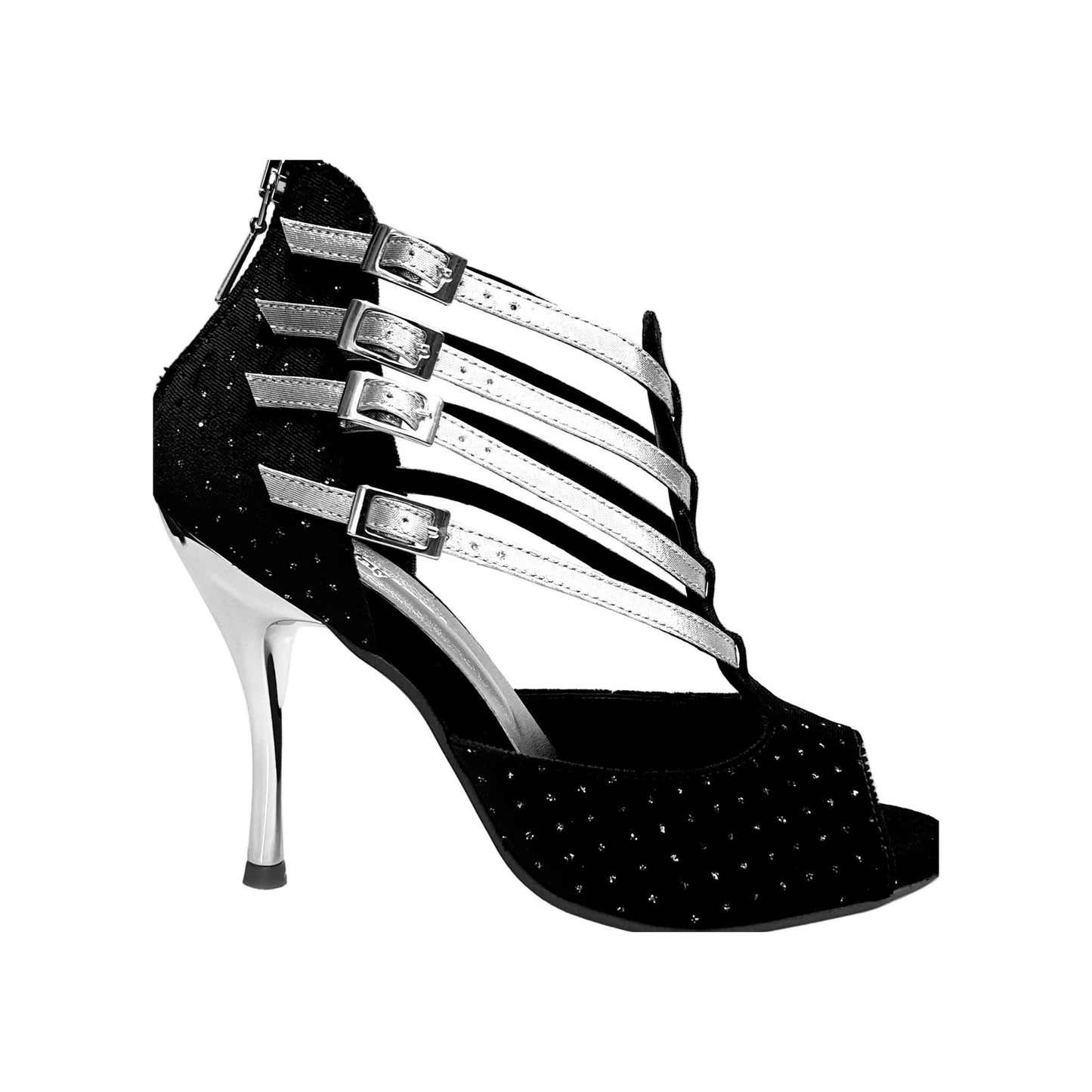 Scarpa da Donna in Velluto Nero e Punti Luce Boreali e Cinturini in Lurex Argento Lussuria Wish Dance, vista laterale