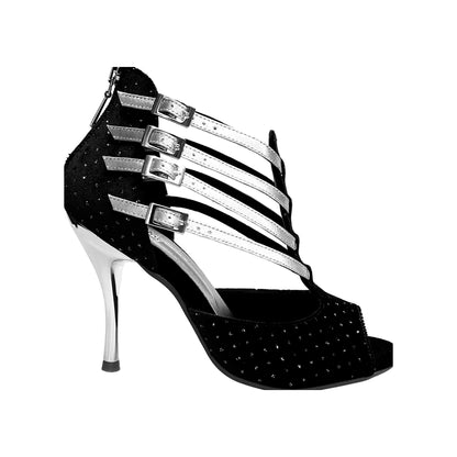 Scarpa da Donna in Velluto Nero e Punti Luce Boreali e Cinturini in Lurex Argento Lussuria Wish Dance, vista laterale