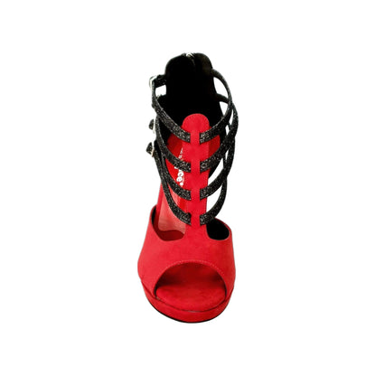 Scarpa da Donna in Camoscio Rosso e Nero Cinturini in Glitter Nero Lussuria Wish Dance, vista tre quarti