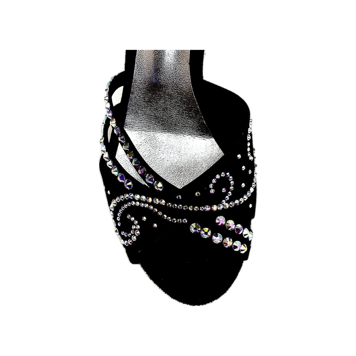 Scarpa da ballo Martina L10 in raso di seta nero con Swarovski Boreali e tacco a rocchetto, ideale per danze eleganti.