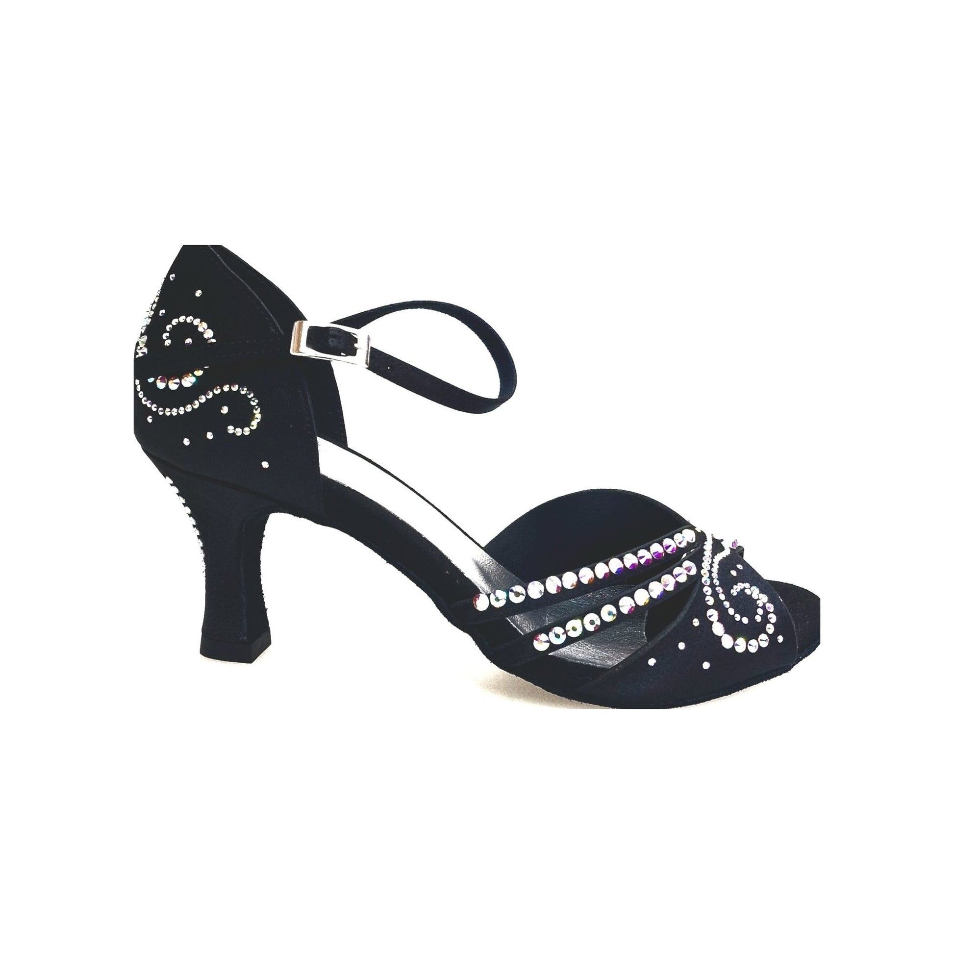Scarpa da ballo Martina L10 in raso seta nero con Swarovski Boreali e tacco a rocchetto, Wish Dance Shop.