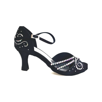 Scarpa da ballo Martina L10 in raso seta nero con Swarovski Boreali e tacco a rocchetto, Wish Dance Shop.