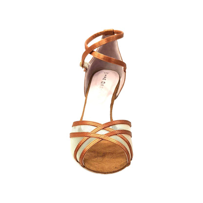 Scarpa da ballo Wishdance Melany QB donna in raso seta bronzo con retina e cinturino doppio sulla caviglia, tacco rocchetto.