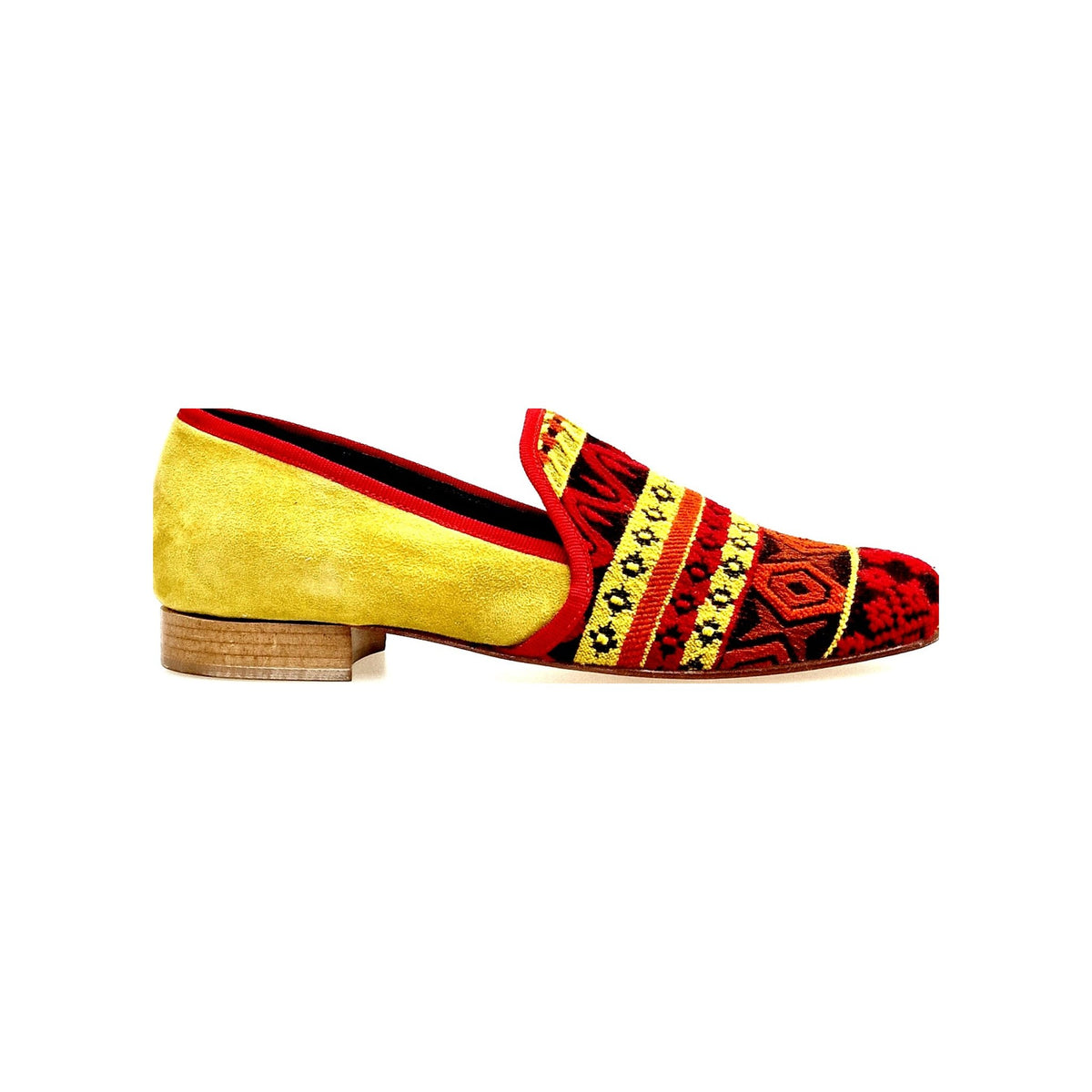 Mocassino uomo Wish Dance Shop MS21 in tessuto con fantasie messicane, tallone in camoscio giallo senape, tacco in legno