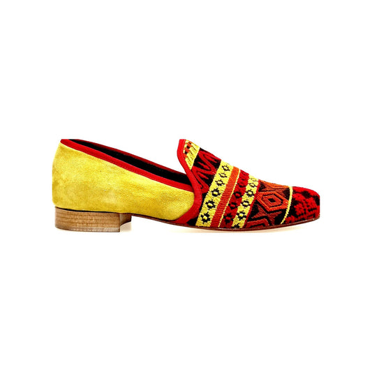 Mocassino uomo Wish Dance Shop MS21 in tessuto con fantasie messicane, tallone in camoscio giallo senape, tacco in legno