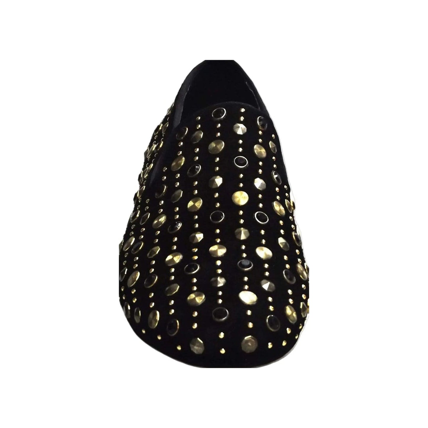 Mocassino uomo in camoscio nero Wishdance con borchie dorate e Swarovski, dettagli eleganti e stile moderno.