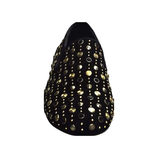 Mocassino uomo in camoscio nero Wishdance con borchie dorate e Swarovski, dettagli eleganti e stile moderno.