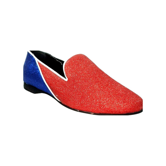 Mocassino Outlet 800BH in glitter rosso e blu royal con profili bianchi, modello Cuba elegante e brillante.