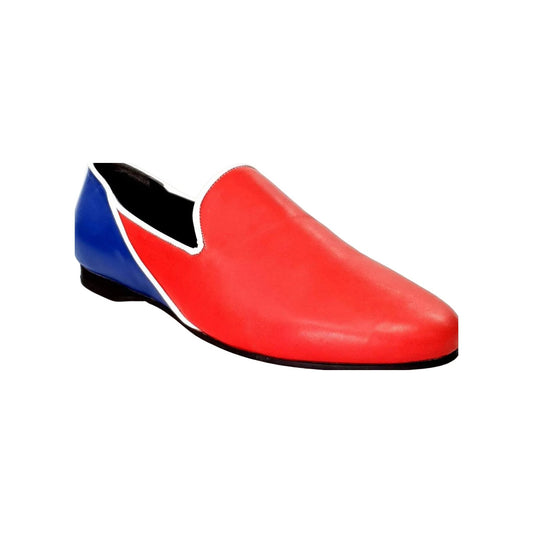 Mocassino Outlet in pelle rossa e blu royal modello Cuba con profili bianchi, scarpe eleganti e casual in stile classico.
