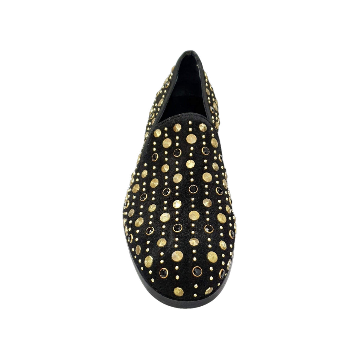 Scarpa mocassino Jack Sparrow Wishdance in camoscio nero con borchie dorate, Swarovski neri e fondo in cuoio premium.