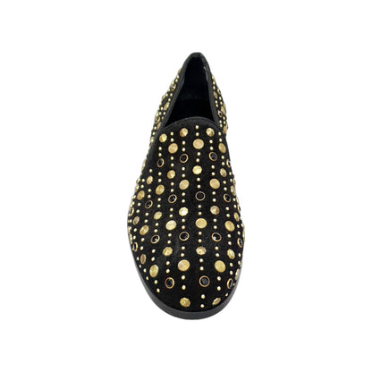 Scarpa mocassino Jack Sparrow Wishdance in camoscio nero con borchie dorate, Swarovski neri e fondo in cuoio premium.