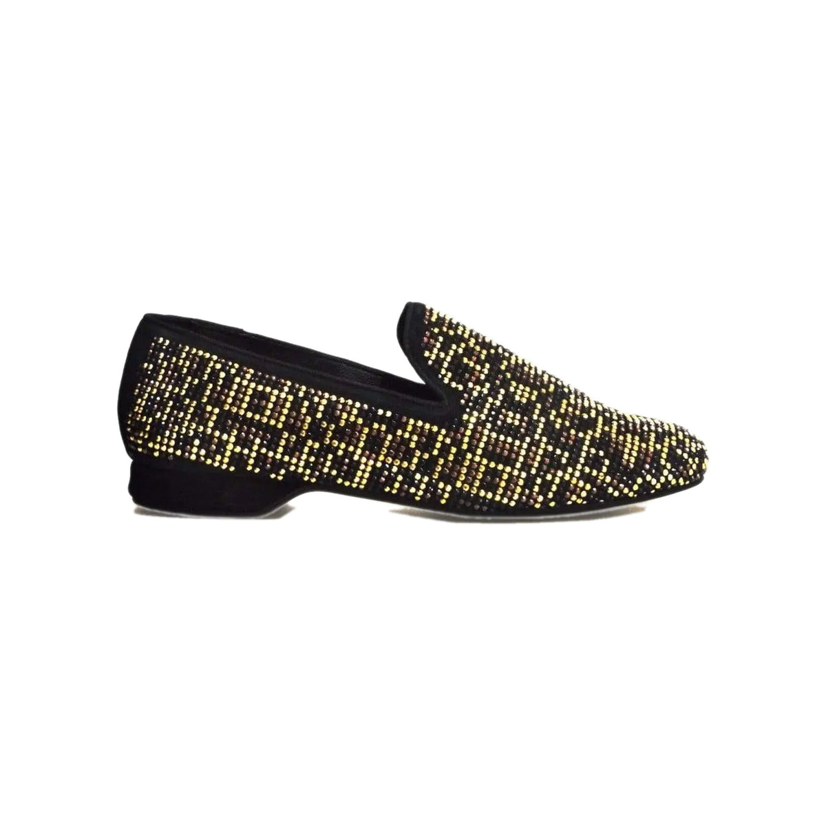 Mocassino Wishdance Leopard in camoscio nero con Swarovski neri, borchie marroni e dettagli oro, stile animale maculata.