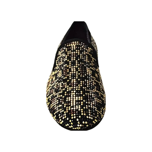 Scarpa uomo Wishdance Curtis Leopard in camoscio nero, dettagli Swarovski neri e borchiette marroni e oro, stampa leopardata.