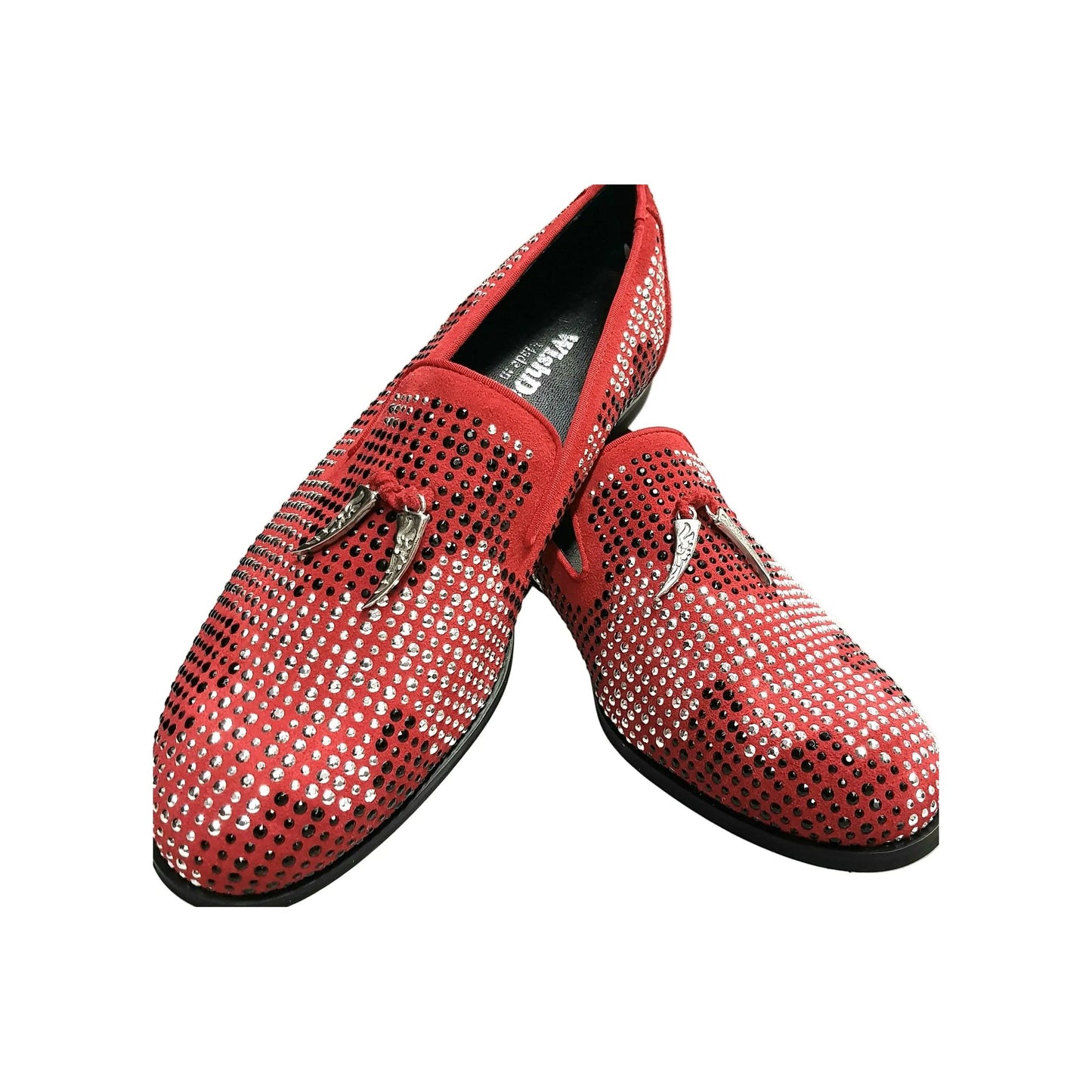 Scarpa mocassino Wishdance Lion Red Silver Black (PJ) in camoscio rosso con miniborchie nere e zanne, dettaglio elegante.