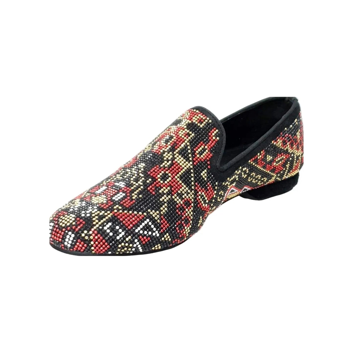 Mocassino da Uomo in Camoscio Nero e swarovski neri Con Borchiette rosse bianche e oro Stile Samakaka, vista laterale