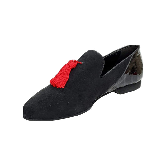 Mocassino uomo Nathan (800B) in camoscio nero con pompon rosso, tallone in cocco nero, scarpa elegante Wish Dance Shop