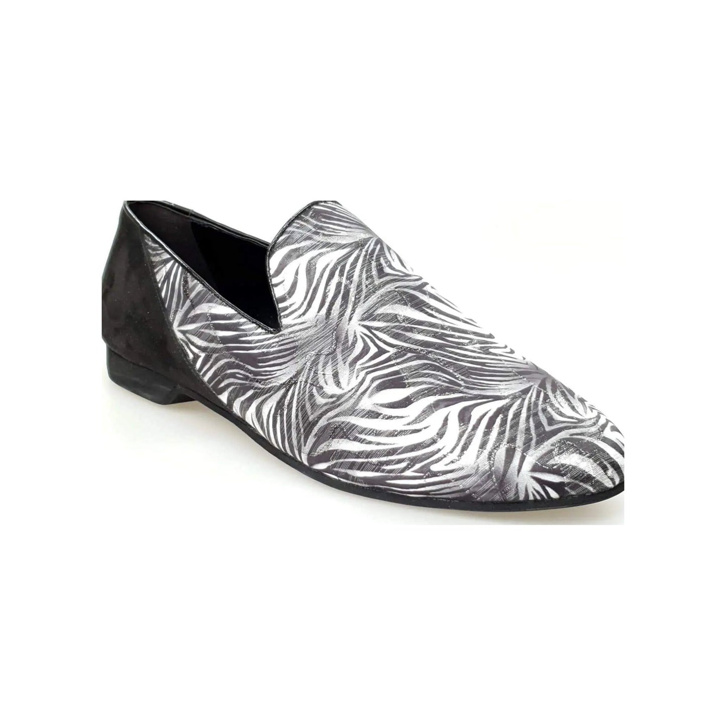 Mocassino da uomo Serse (800B) in tessuto fantasia giungla grigia con tallone in camoscio nero, scarpa Wish Dance Shop.