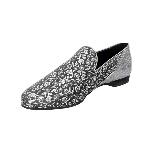 Scarpa da uomo Serse (800B) in tessuto veneziano grigio con tallone in glitter carbon, mocassino elegante e moderno.