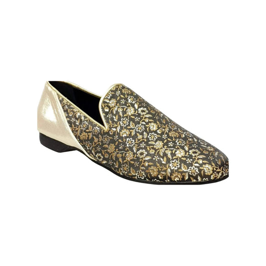 Scarpa mocassino uomo Serse 800B in tessuto veneziano fiorato oro con tallone lurex oro, elegante e raffinata.