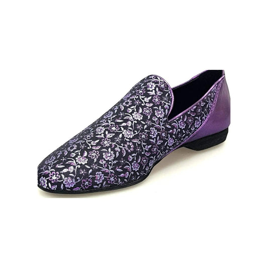 Mocassino da uomo Serse (800B) in tessuto viola con dettagli veneziani e tallone lurex viola, marca Wish Dance Shop.