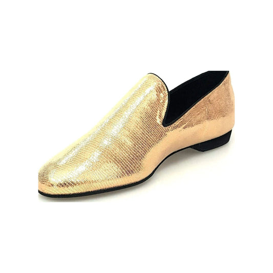Scarpa mocassino da uomo in pelle lavorata stile lucertola oro, elegante e raffinata, marca Wish Dance Shop.