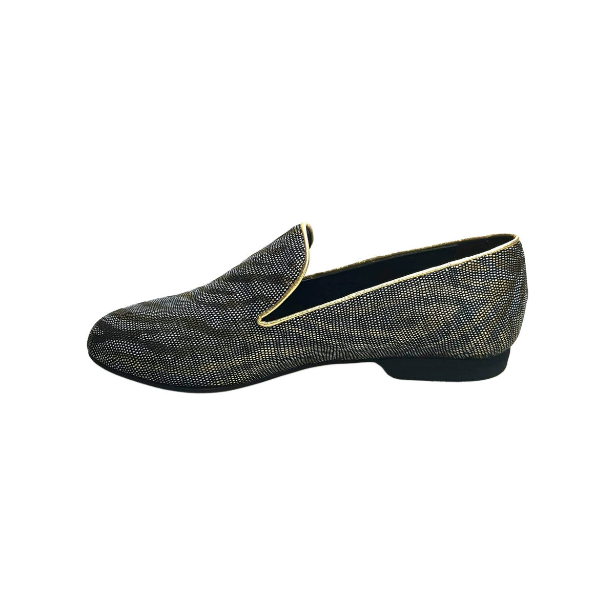 Scarpa mocassino da uomo Serse (800) in lurex zebrato oro, con dettagli eleganti e finitura lucida.