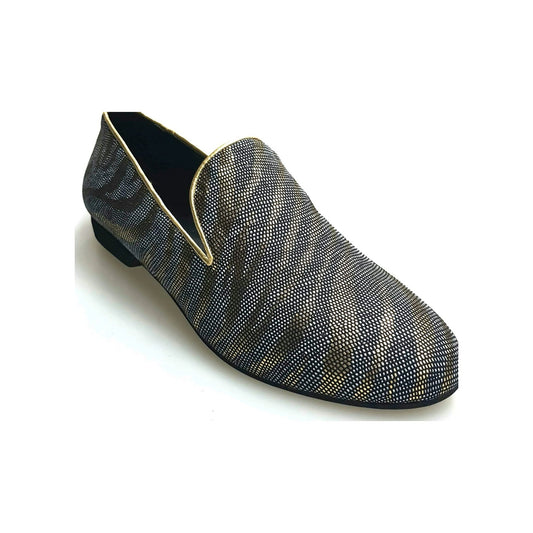 Scarpa mocassino da uomo Serse in lurex con stampa zebrata dorata, elegante e lucida, di Wish Dance Shop.