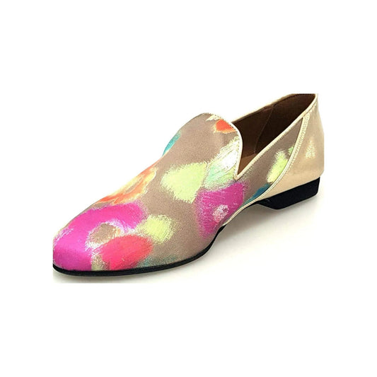 Mocassino uomo in tessuto verde con tallone in lurex oro, scarpa Wish Dance Shop con dettagli eleganti e stile casual.