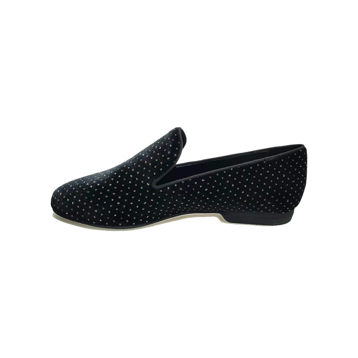 Scarpa mocassino da uomo Wish Dance Shop in velluto nero con dettaglio lucente e glitter, stile elegante e moderno.