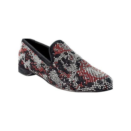 Mocassino Wishdance Viper Red in camoscio nero con dettagli Swarovski bianchi e rossi, su fondo in gomma robusta.