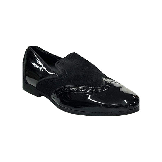 Mocassino uomo in vernice nera e camoscio nero, stile classico, con suola in gomma e dettaglio elegante.