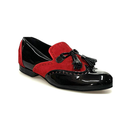 Mocassino da uomo Morgan in vernice nera e camoscio rosso, con suola in gomma e dettagli eleganti, di Wish Dance Shop.