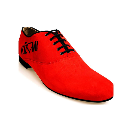 Scarpe Milano MS07 KIZMI da uomo, stringate oxford in camoscio rosso con profilo nero e ricamo, forma tonda.