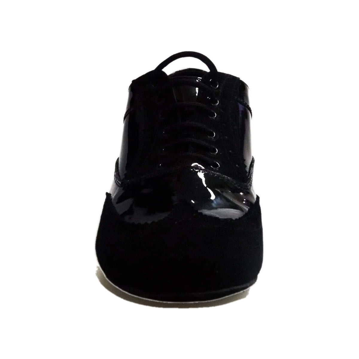 Scarpa Oxford Brogue ADONE MS14 in camoscio e vernice nera, stringata con coda di rondine e forma tonda.