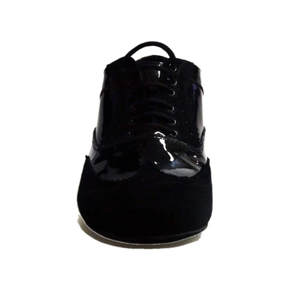 Scarpa Oxford Brogue ADONE MS14 in camoscio e vernice nera, stringata con coda di rondine e forma tonda.