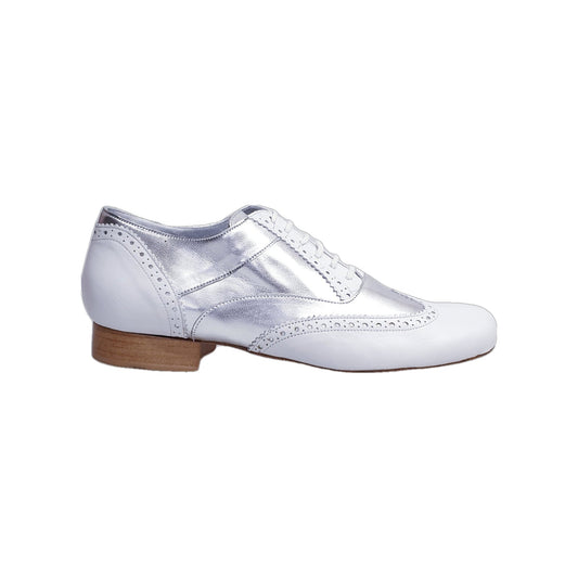 Scarpa stringata coda di rondine Wish Dance Shop Adone MS14 in pelle bianca e argento, forma tonda, stile Oxford Brogue