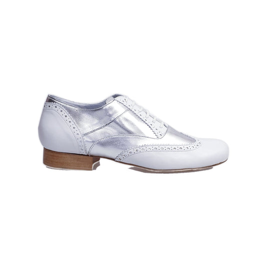 Scarpa stringata coda di rondine Wish Dance Shop Adone MS14 in pelle bianca e argento, forma tonda, stile Oxford Brogue