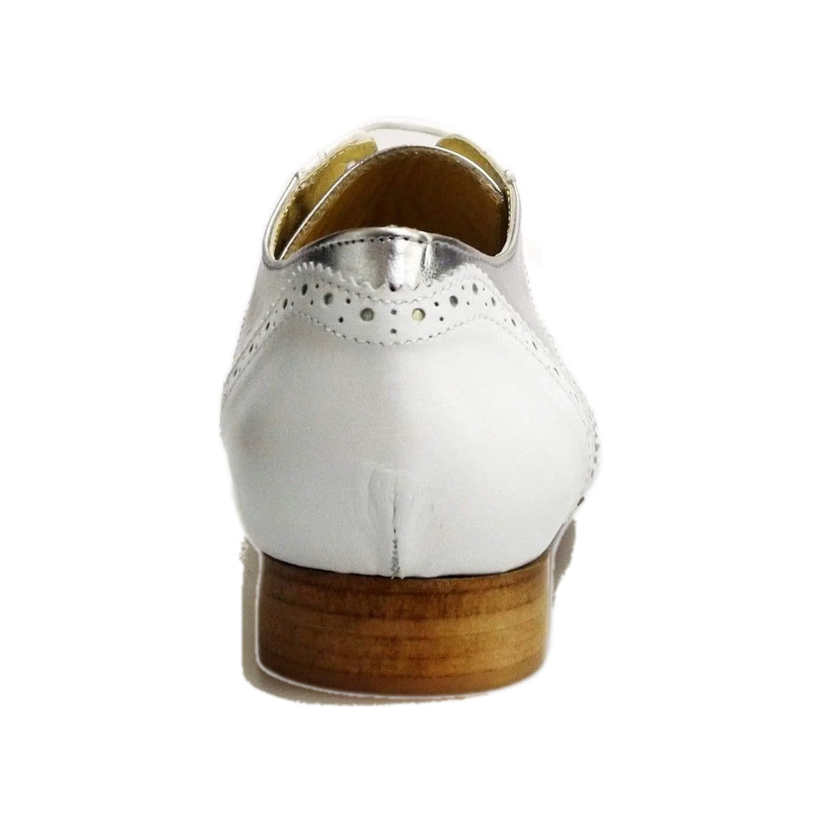 Scarpa Wish Dance Shop Richard MS14 in pelle bianca e argento, design stringata coda di rondine, forma lunga Oxford Brogue