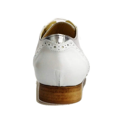 Scarpa Wish Dance Shop Richard MS14 in pelle bianca e argento, design stringata coda di rondine, forma lunga Oxford Brogue