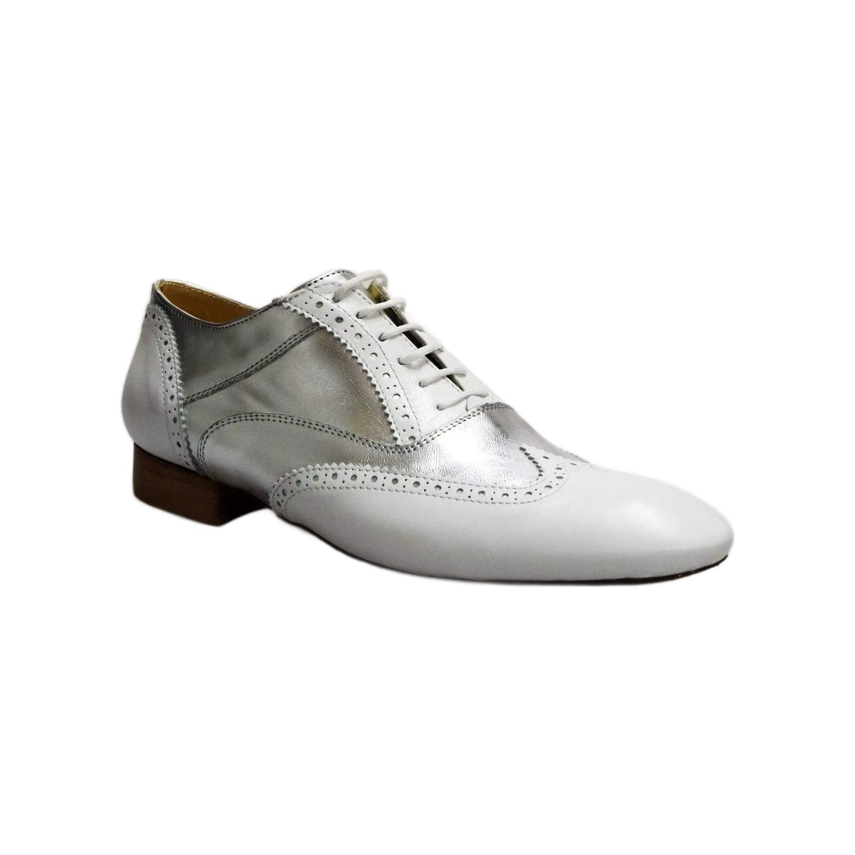 Scarpa Richard MS14 in pelle bianca e argento, stringata coda di rondine Oxford Brogue con punta lunga, stile elegante.