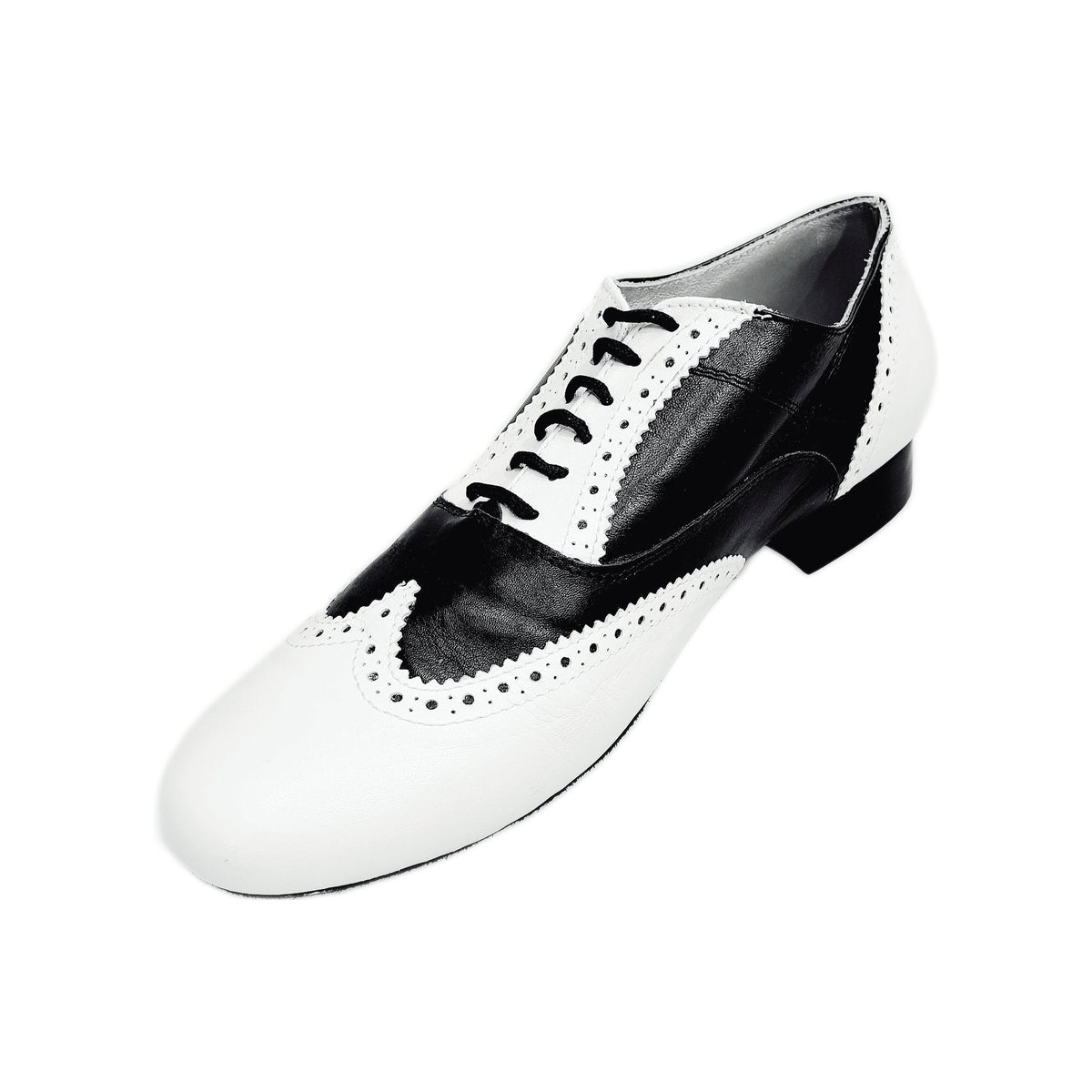 Scarpa stringata coda di rondine Wish Dance Shop Adone MS14 in pelle bianca e nera, forma tonda, modello Oxford Brogue.
