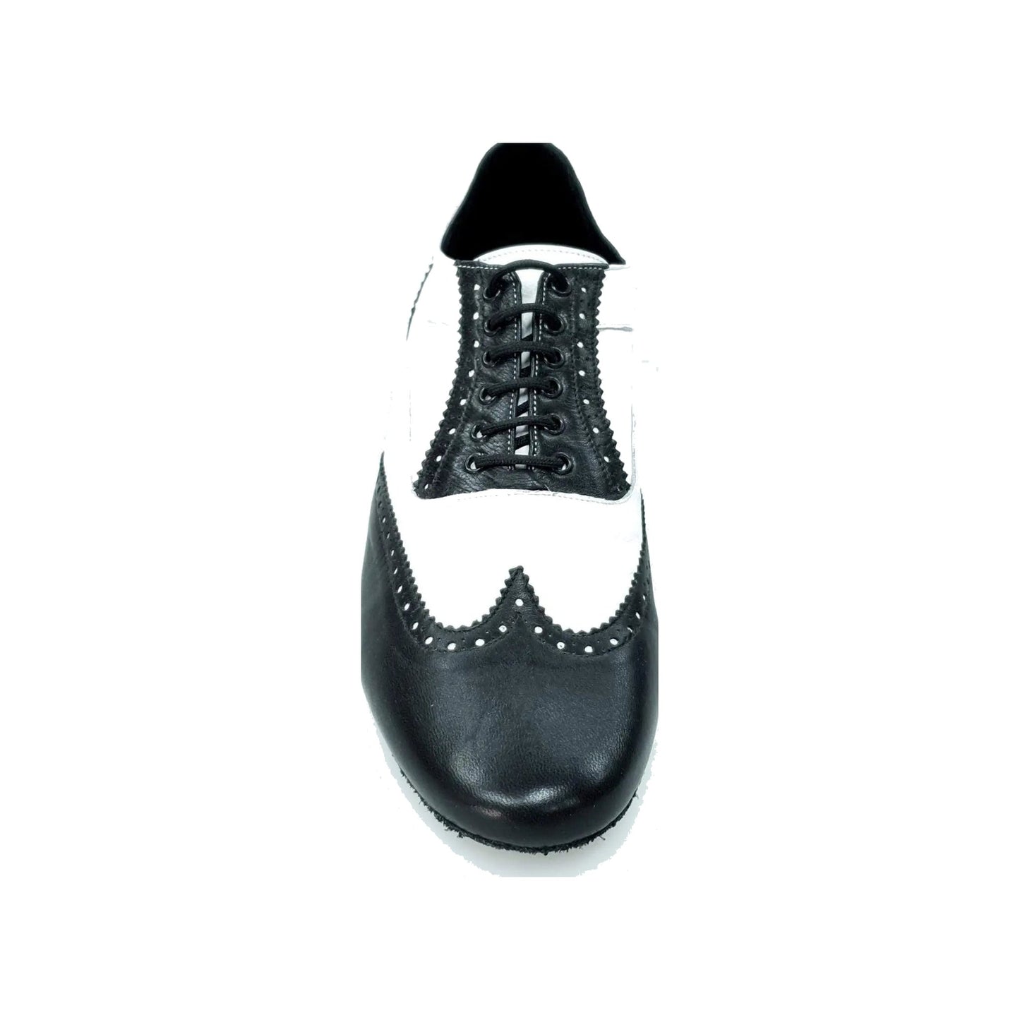 Scarpa stringata Adone MS14 in pelle nera e bianca, forma tonda, stile Oxford Brogue, marca Wish Dance Shop
