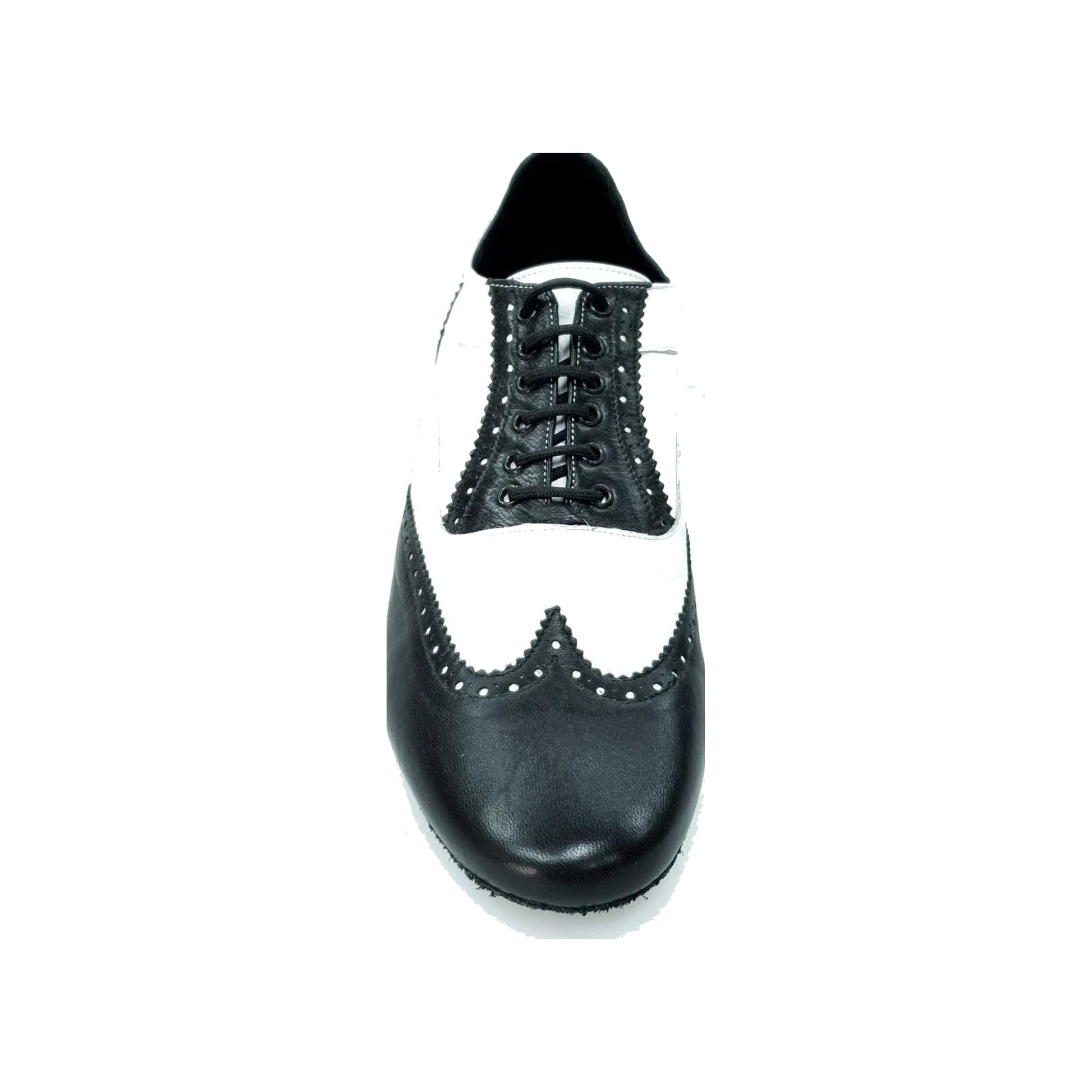 Scarpa stringata Adone MS14 in pelle nera e bianca, forma tonda, stile Oxford Brogue, marca Wish Dance Shop
