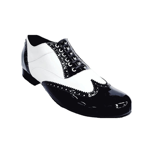 Stringata Coda di Rondine Mod. Oxford Brogue Scarpa in Vernice Nera e Vernice Bianca Forma Tonda Adone, vista laterale